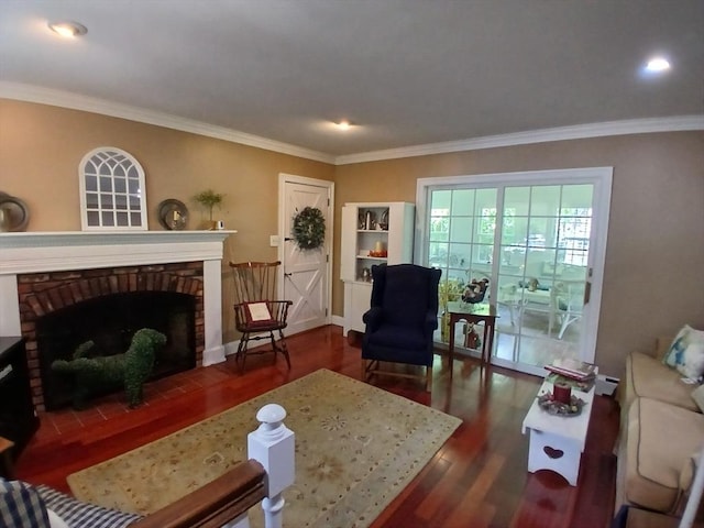 100 D Dr, Westport, MA 02790 - living room featuring dark wood-type flooring, a fireplace, ornamental molding, and recessed lighting