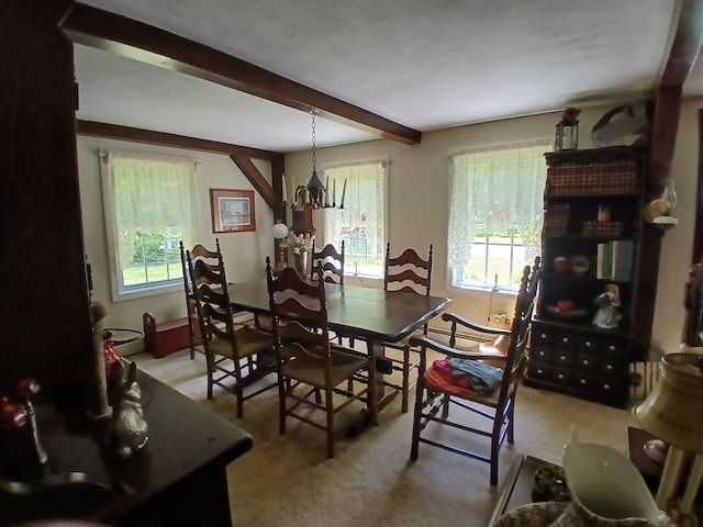 100 D Dr, Westport, MA 02790 - carpeted dining room featuring beam ceiling, a chandelier, and baseboard heating