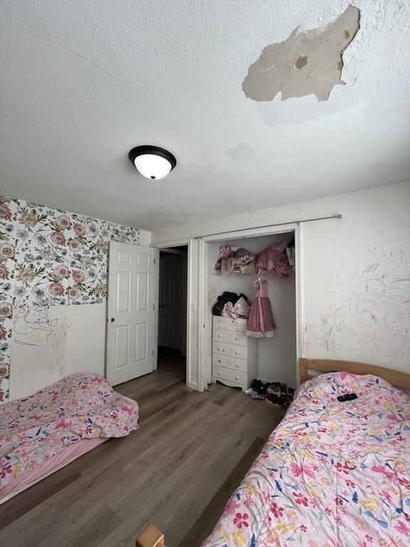 bedroom with dark hardwood / wood-style floors, a closet, and a textured ceiling