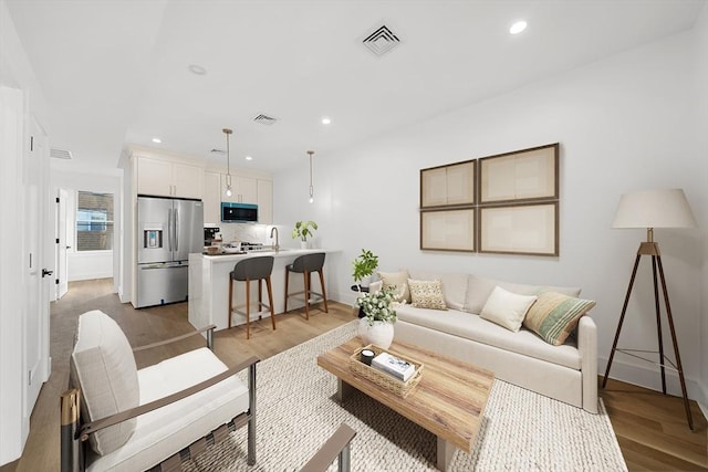 living room featuring light wood-type flooring and sink