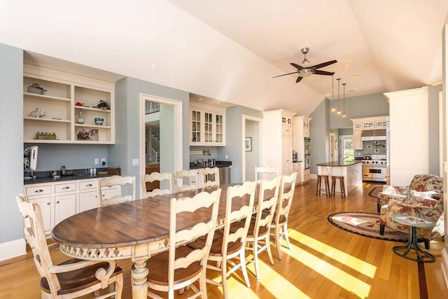 385 Barnes Rd, Oak Bluffs, MA 02557 - dining space featuring ceiling fan, light wood-style floors, and lofted ceiling