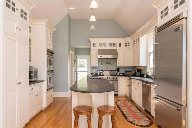 385 Barnes Rd, Oak Bluffs, MA 02557 - kitchen with high quality appliances, dark countertops, a sink, lofted ceiling, and light wood-style flooring