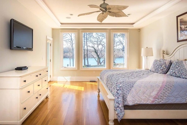 385 Barnes Rd, Oak Bluffs, MA 02557 - bedroom with a tray ceiling, wood finished floors, baseboards, and ceiling fan