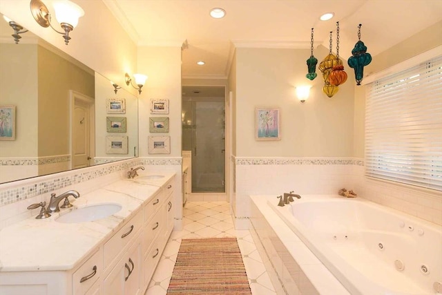 385 Barnes Rd, Oak Bluffs, MA 02557 - bathroom featuring a jetted tub, tile patterned floors, a stall shower, double vanity, and ornamental molding