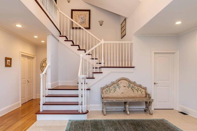 385 Barnes Rd, Oak Bluffs, MA 02557 - stairway with baseboards, recessed lighting, and ornamental molding