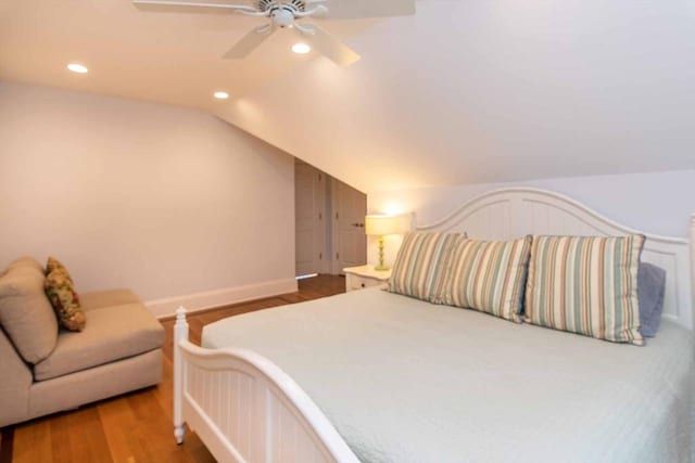 385 Barnes Rd, Oak Bluffs, MA 02557 - bedroom featuring lofted ceiling, recessed lighting, wood finished floors, baseboards, and ceiling fan