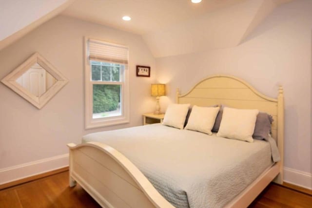 385 Barnes Rd, Oak Bluffs, MA 02557 - bedroom with wood finished floors, lofted ceiling, baseboards, and recessed lighting