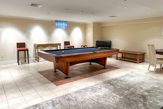 385 Barnes Rd, Oak Bluffs, MA 02557 - rec room with pool table, light tile patterned floors, crown molding, recessed lighting, and baseboards