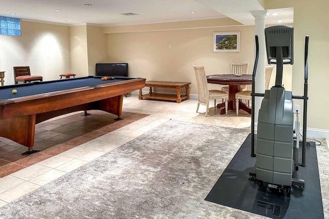 385 Barnes Rd, Oak Bluffs, MA 02557 - game room featuring tile patterned floors, ornamental molding, billiards table, ornate columns, and recessed lighting