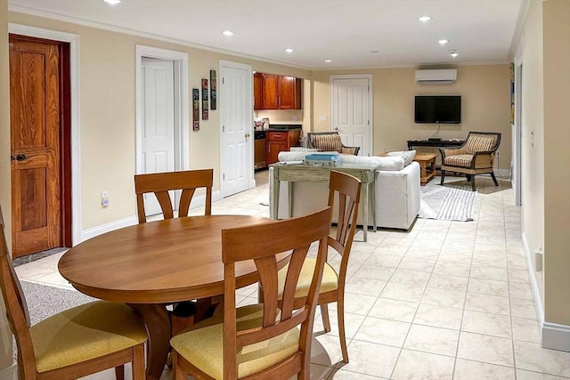 385 Barnes Rd, Oak Bluffs, MA 02557 - dining space featuring an AC wall unit, recessed lighting, crown molding, and baseboards