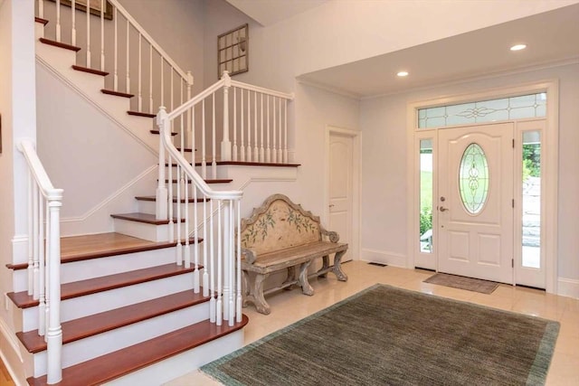 385 Barnes Rd, Oak Bluffs, MA 02557 - foyer entrance featuring tile patterned flooring, stairway, recessed lighting, ornamental molding, and baseboards