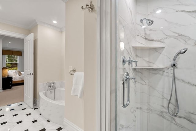 ensuite bathroom with a garden tub, ornamental molding, ensuite bath, and a marble finish shower