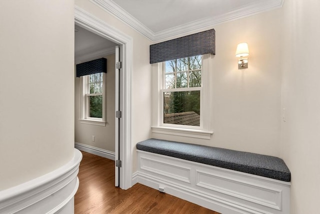 interior space with ornamental molding, wood finished floors, and baseboards