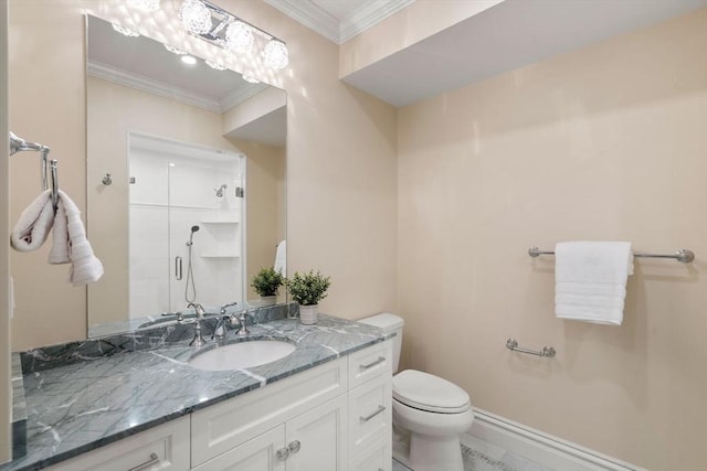 full bath with baseboards, toilet, ornamental molding, vanity, and a shower stall