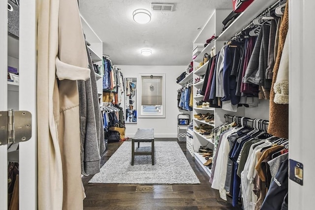 walk in closet with dark hardwood / wood-style floors