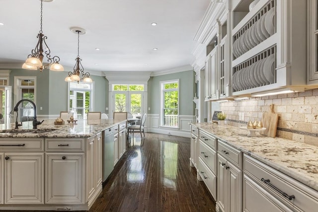 3 Newton Ln, Medway, MA 02053 - kitchen featuring a sink, dishwasher, ornamental molding, dark wood finished floors, and hanging light fixtures