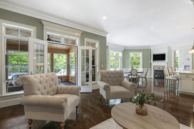 3 Newton Ln, Medway, MA 02053 - living area with crown molding, a fireplace, recessed lighting, and dark wood-style flooring