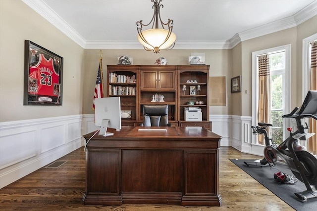 3 Newton Ln, Medway, MA 02053 - office area with dark wood-type flooring, ornamental molding, and wainscoting