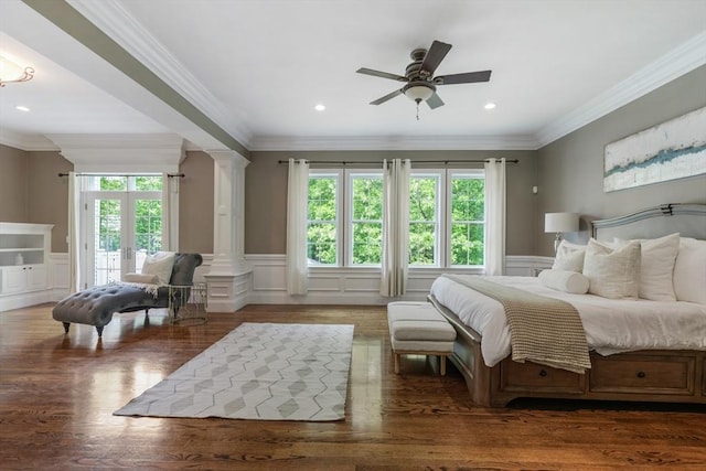 3 Newton Ln, Medway, MA 02053 - bedroom featuring ornate columns, a decorative wall, access to outside, ornamental molding, and wainscoting