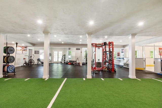 3 Newton Ln, Medway, MA 02053 - workout area featuring baseboards, recessed lighting, ornate columns, and carpet