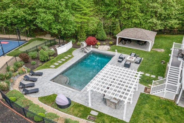 3 Newton Ln, Medway, MA 02053 - view of pool with a water slide, a gazebo, a patio area, stairway, and an outdoor living space