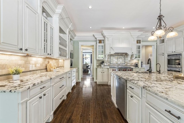 3 Newton Ln, Medway, MA 02053 - kitchen featuring a sink, white cabinetry, appliances with stainless steel finishes, dark wood-type flooring, and backsplash