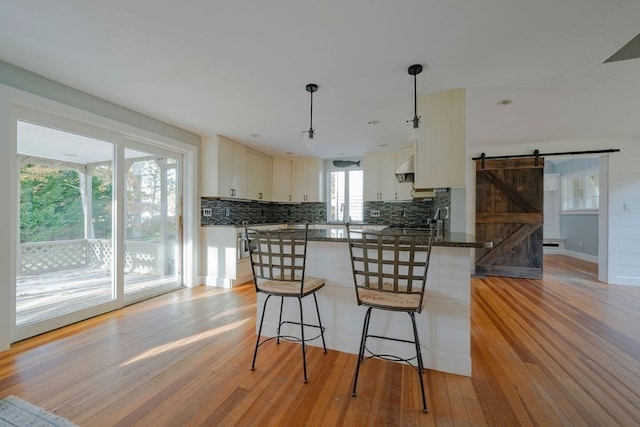 kitchen with light hardwood / wood-style flooring, white cabinetry, hanging light fixtures, decorative backsplash, and a barn door