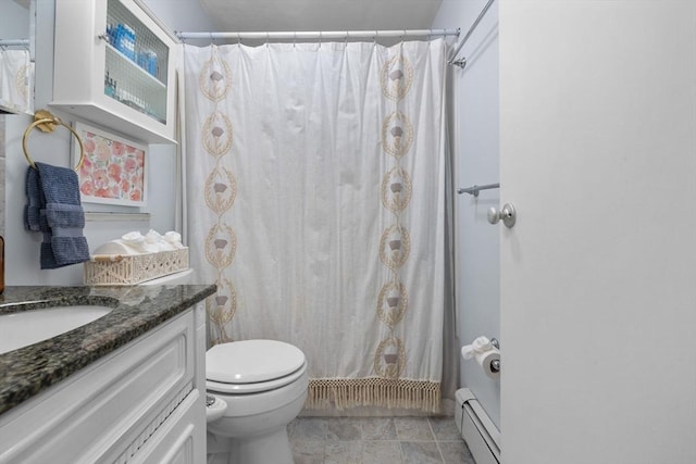 12 Pond Ln Unit 65, Arlington, MA 02474 - bathroom with a baseboard heating unit, toilet, vanity, and a shower with curtain