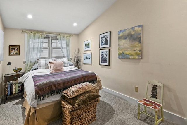 bedroom with baseboards, vaulted ceiling, recessed lighting, and carpet flooring