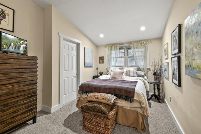 carpeted bedroom with baseboards, lofted ceiling, and recessed lighting
