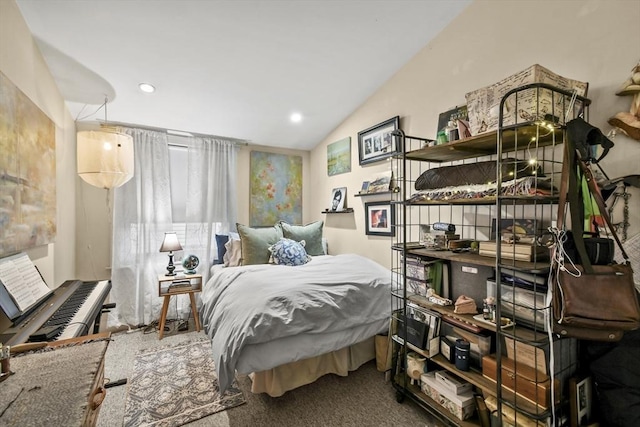carpeted bedroom featuring vaulted ceiling and recessed lighting