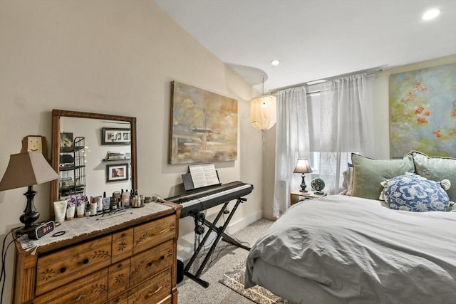 bedroom with light carpet, baseboards, lofted ceiling, and recessed lighting