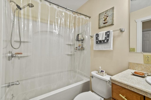 bathroom featuring shower / bathtub combination with curtain, toilet, and vanity