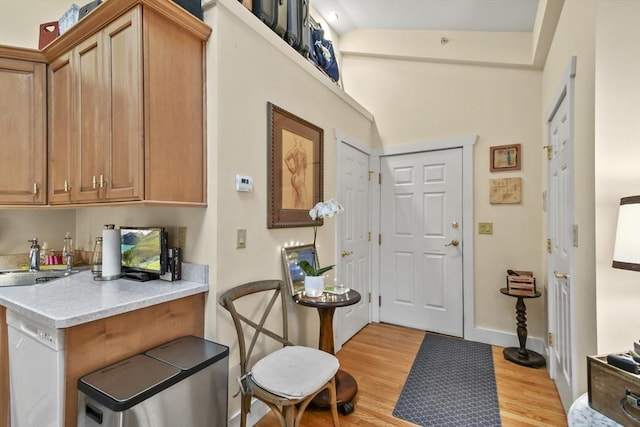foyer entrance with light wood-style flooring and baseboards