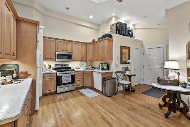 kitchen with light countertops, a towering ceiling, and stainless steel appliances