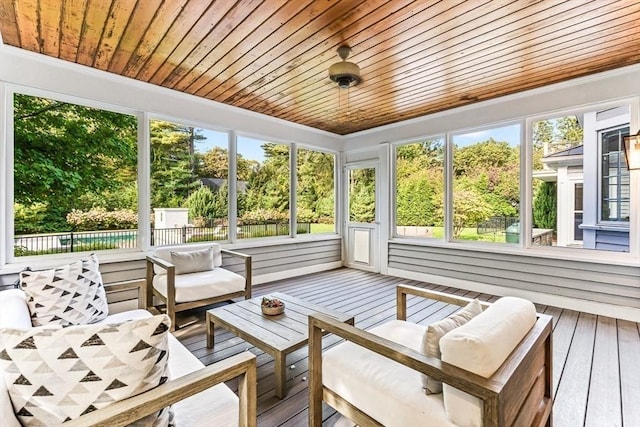 sunroom featuring plenty of natural light and wooden ceiling