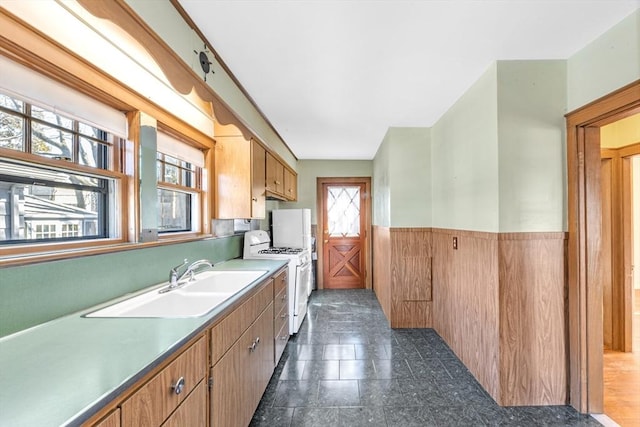 kitchen with a wainscoted wall, white gas range oven, and a sink