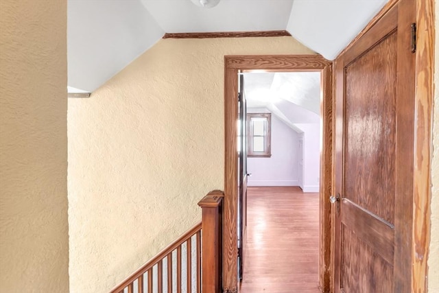 hallway featuring lofted ceiling, a textured wall, and wood finished floors