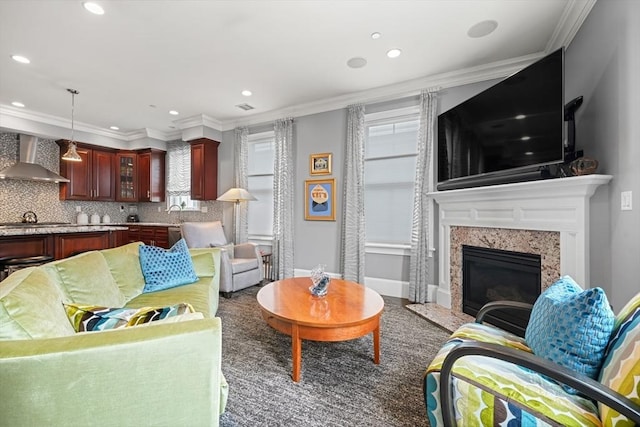 615 E 6th St Unit 6, Boston, MA 02127 - living area featuring crown molding, recessed lighting, and a premium fireplace
