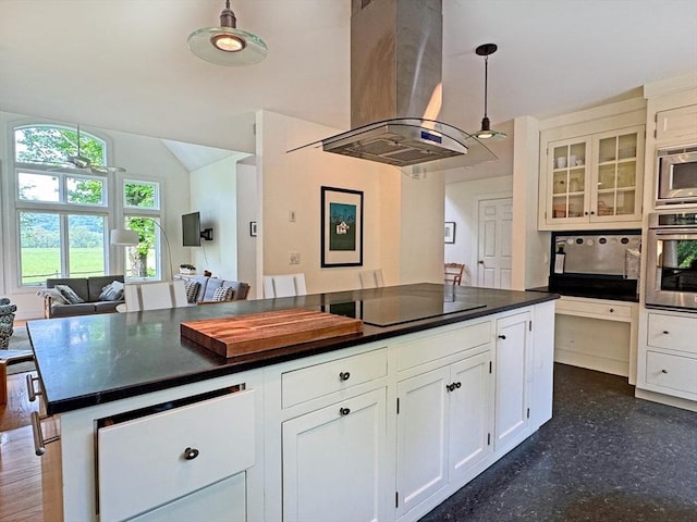 187 Plain Rd, Greenfield, MA 01301 - kitchen with appliances with stainless steel finishes, island exhaust hood, dark countertops, and open floor plan