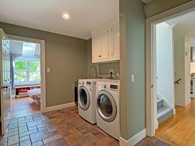 187 Plain Rd, Greenfield, MA 01301 - laundry room featuring washing machine and dryer, cabinet space, baseboards, and recessed lighting