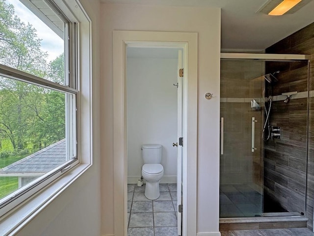 187 Plain Rd, Greenfield, MA 01301 - bathroom with plenty of natural light, a stall shower, toilet, and tile patterned flooring