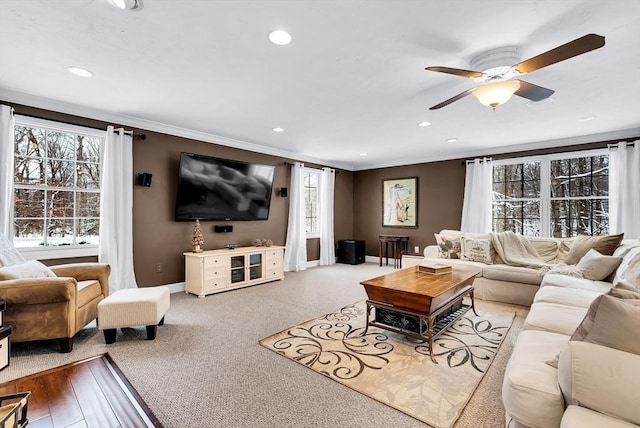 living room featuring crown molding and ceiling fan