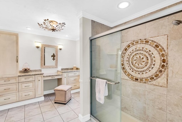 bathroom featuring crown molding, walk in shower, tile patterned floors, and vanity