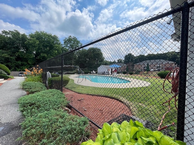 view of pool featuring a yard