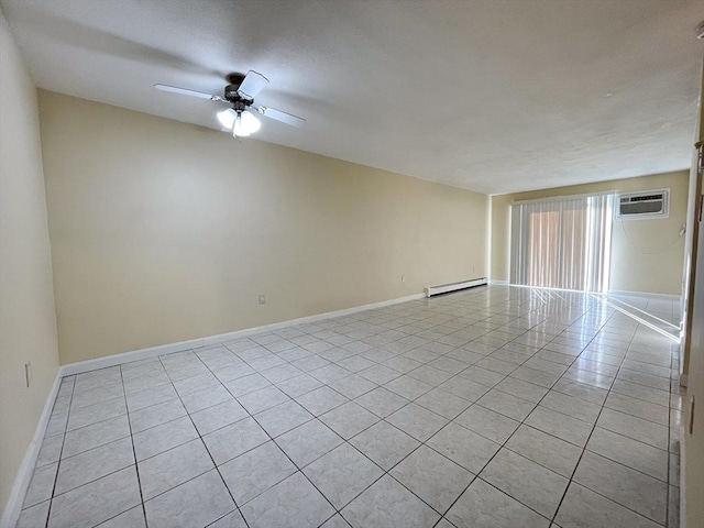 tiled empty room with a baseboard heating unit, a wall mounted air conditioner, and ceiling fan