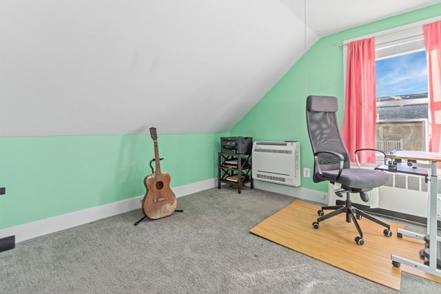 office area featuring lofted ceiling, heating unit, carpet flooring, baseboards, and radiator