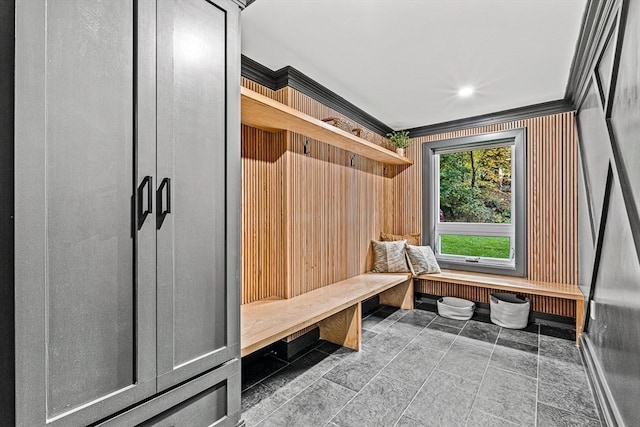 mudroom featuring ornamental molding