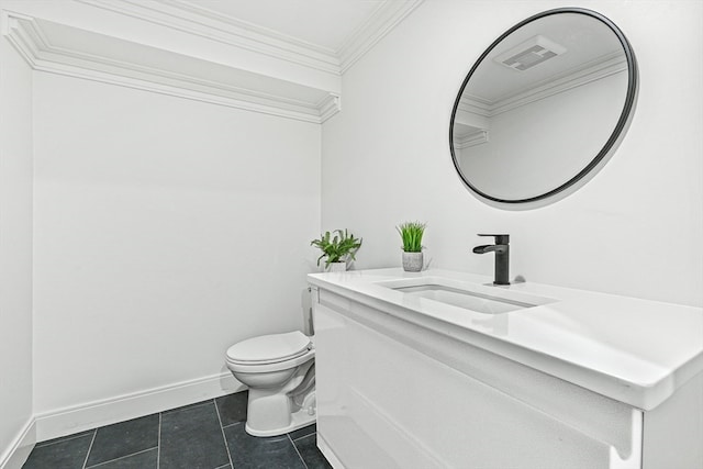 bathroom featuring ornamental molding, tile patterned floors, vanity, and toilet