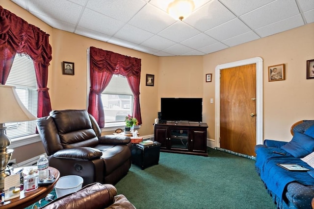 carpeted living area featuring a drop ceiling and a wealth of natural light